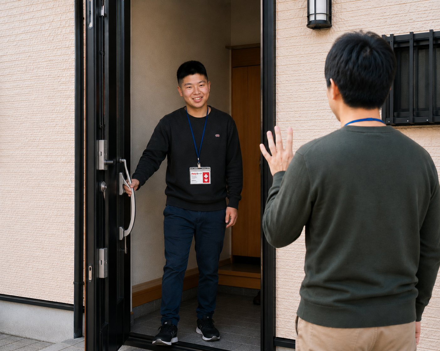 玄関で利用者を迎えに来たヘルパー
