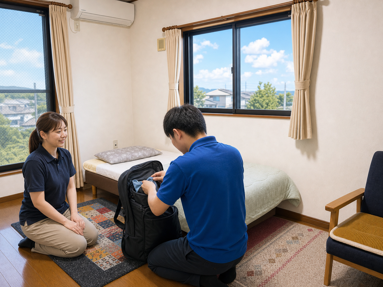 朝、外出の準備を手伝うスタッフ